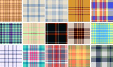 Eşarplar ve ambalajlar için tasarlanmış ekose bir çanta. Koordineli tartan tekrarı mevsimsel modayı yükseltir. Vektör biçimi düzenlenebilir.