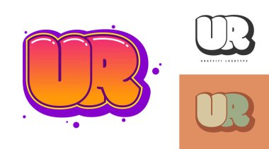 Festival ya da parti için UR logo tasarımı. Graffiti tarzında ilk harf u ve r. Yazı tipi tipografisinin yaratıcı modern harfleri. Modayı takip eden logotlar ya da kimlikler. Vektör illüstrasyonu.