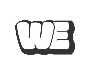 Logo, balon komedi harfleri, graffiti stili siyah beyaz siluet. Festival partisi için moda okul öncesi W ve E harfi metni, kişisel baş harfler, çocuklar için funky print ve web. Vektör illüstrasyonu.