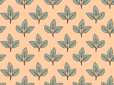 Şeftali arkaplanında biçimlendirilmiş deniz mavisi yaprakları olan zarif, pürüzsüz bir desen. Tekstil tasarımı, duvar kağıdı, ambalaj ve markalaşma projeleri için mükemmel..