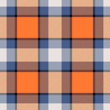 Bandananın kumaş dokusu, içerik ekosesiz desen. İpek kontrolü tekstil vektörü tartan turuncu kabuk ve mavi renk paleti.