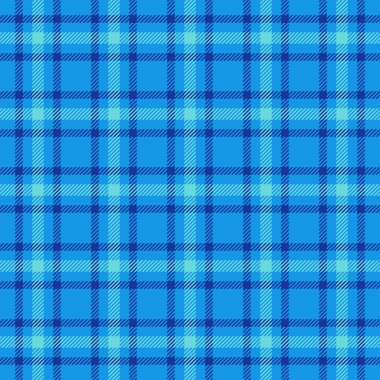 Yakışıklı vektör kumaş kontrolü, şebeke arka planı kusursuz ekoseli. Cyan ve mavi renk paletinde sabit tartan desenli tekstil.