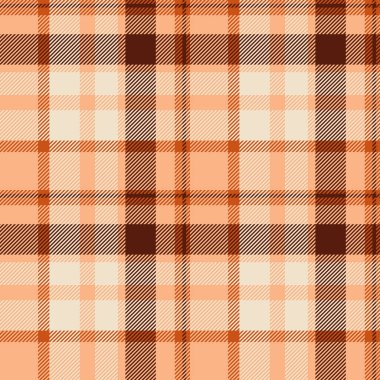 Süslü, pürüzsüz tekstil geçmişi, renkli ekose kumaş. Turuncu ve açık renk paletinde güçlü tartan vektör dokusu deseni.