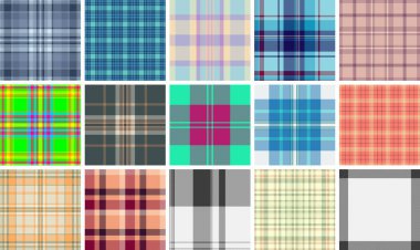 Sıradan kadınsı moda için ekose desenler ayarlandı. Tartan dokuları bluzları, etekleri ve katmanlı parçaları yükseltir. Kusursuz vektörler kenarları hizala.