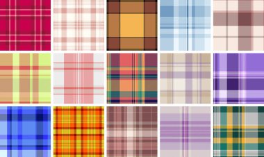 Tekstil üretimi için tasarlanmış ekose desenli set. Bu çanta giyim, aksesuarlar ve kumaş baskısı üzerinde çalışıyor. Kusursuz vektörler boru hatları üretimine entegre oluyor.