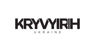 Ukrayna amblemindeki Kryvyi Rih 'ten baskı ve ağ için. Tasarım, modern yazı tipinde cesur tipografiye sahip geometrik stil, vektör illüstrasyonuna sahiptir. Beyaz arkaplanda izole edilmiş grafiksel slogan harfleri.