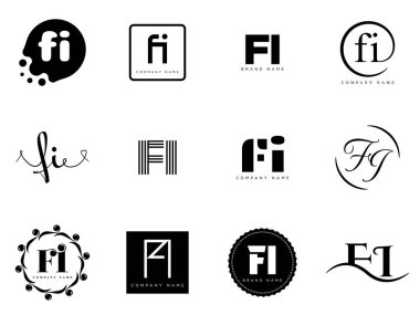 FI logo şirketi şablonu. F harfi ve logoti. Tasarım elemanları ile farklı klasik serif harfleri ve modern kalın metin ayarla. İlk yazı tipi tipografisi. Koleksiyon trend iş kimliği.