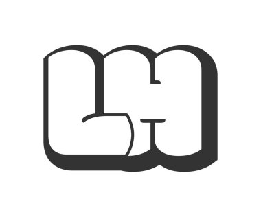 LH logosu, karikatür harfleri, graffiti stili siyah beyaz siluet şeklinde yuvarlak. Festival partisi için popüler anaokulu L ve H harfi metni, baş harfleri, çocuklar için funky prinky ve web. Vektör illüstrasyonu.
