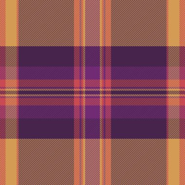Koyu mor ve ılık turuncu renklerde klasik bir tartan dizaynı içeren geometrik desen, arka plan, tekstil veya yaratıcı projeler için mükemmel..