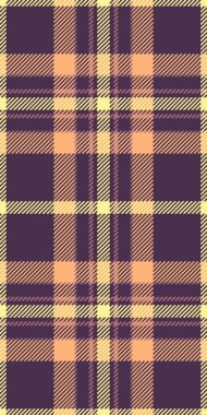 Dünya çapında dikişsiz kumaş, pürüzsüz tekstil ekose dokusu. Mor ve turuncu renk paletinde Teri vektör deseni arkaplan tartanı.