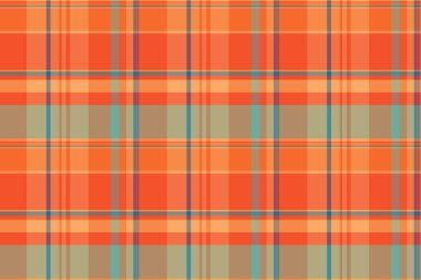 Cut out fabric textile pattern, girl tartan plaid seamless. Grand texture background vector check in orange and red colors palette.
