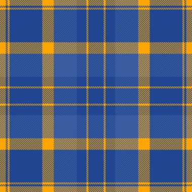 Sayfasız tartan kontrolü, mevcut ekose arkaplan deseni. Doku kumaş vektörünü mavi ve turuncu renk paletinde karıştır.