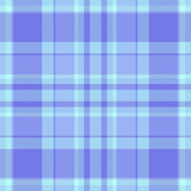 İkonik doku kontrolü, artistik kumaş kumaş ekoseli. Mavi ve cyan renk paletinde rastgele dikişsiz tartan vektör arkaplanı.