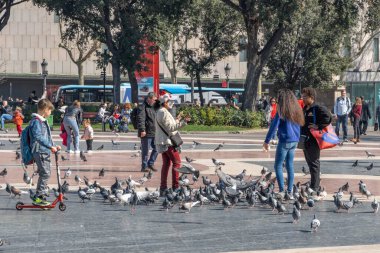 Barcelona, İspanya - 24 Şubat 2020: Yayalar güneşli bir kış öğleden sonra Plaza de Catalunya 'da güvercinleri besliyor