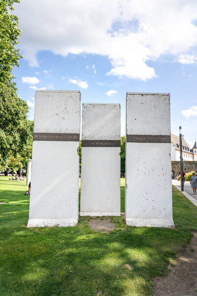 Koblenz, Germany - Aug 1, 2020: 3 monolith of memorial wall in city park