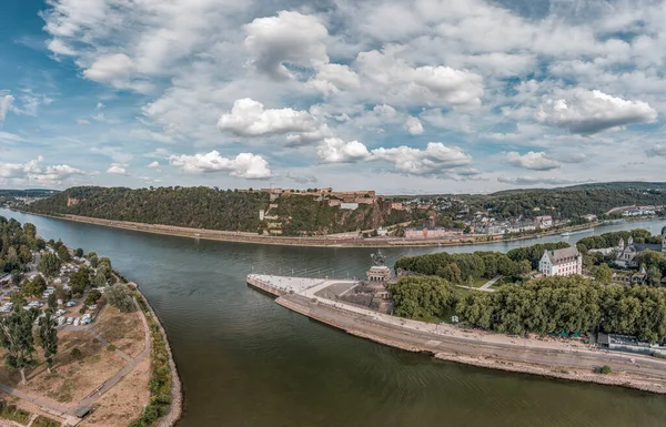 Aerial drone shot of Deutsch Eck headland by Rhine Mosel river in Koblanz Niemcy — Zdjęcie stockowe