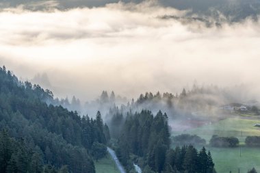 Sabah saatlerinde Gaicht Avusturya Köyü 'nde yoğun bir sis bulutu var.
