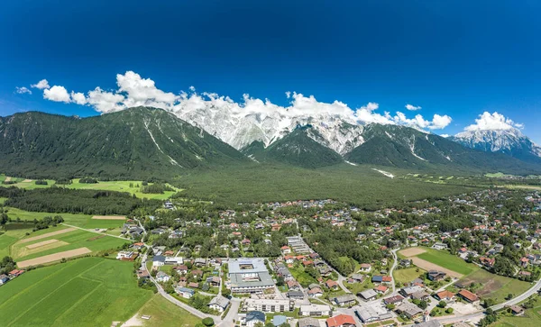 Aerial drone view of mieming mountain range in Obermieming valley village in Tyrol Austria — Stock Photo, Image