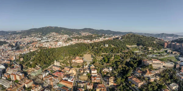 Pano aerial drone shot of Park in Barcelona Hills in morning — Stock Photo, Image