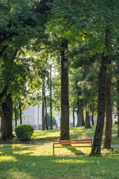 Ławka w parku po drugiej stronie ulicy cmentarza Mirogoj w Zagrzebiu Chorwacja — Zdjęcie stockowe