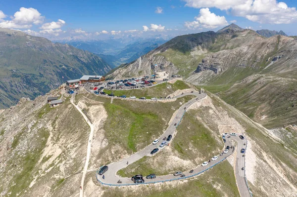 Grossglockner, Austria - Aug 8, 2020: Aerial drone shot of serpentine high alpine road to Edelweissspitze — стокове фото