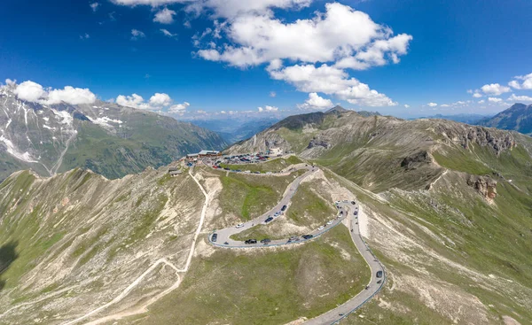 Grossglockner, Austria - Aug 8, 2020: Aerial drone shot of serpentine high alpine road to Edelweissspitze — стокове фото