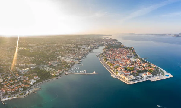 Aerial drone shot of Zadar old town peninsula harbour in sunrise in Croatia Dalmatia — Stock Photo, Image