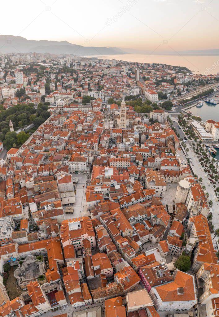 Aerial drone shot of Split old town Diocletian palace in sunrise hour in morning Croatia