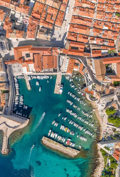 Aerial overhead drone shot of old town port in Dubrovnik in Croatia summer morning