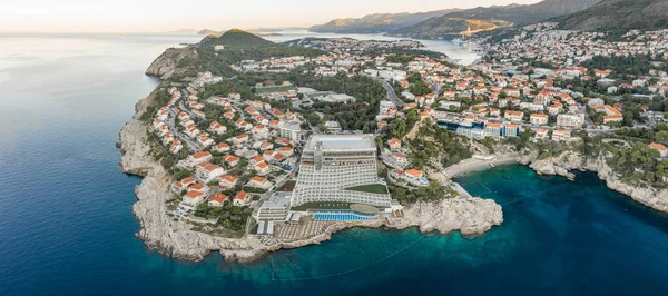 Aerial panorama drone shot of Dubrovnik Lapad peninsula area before sunrise in Croatia morning