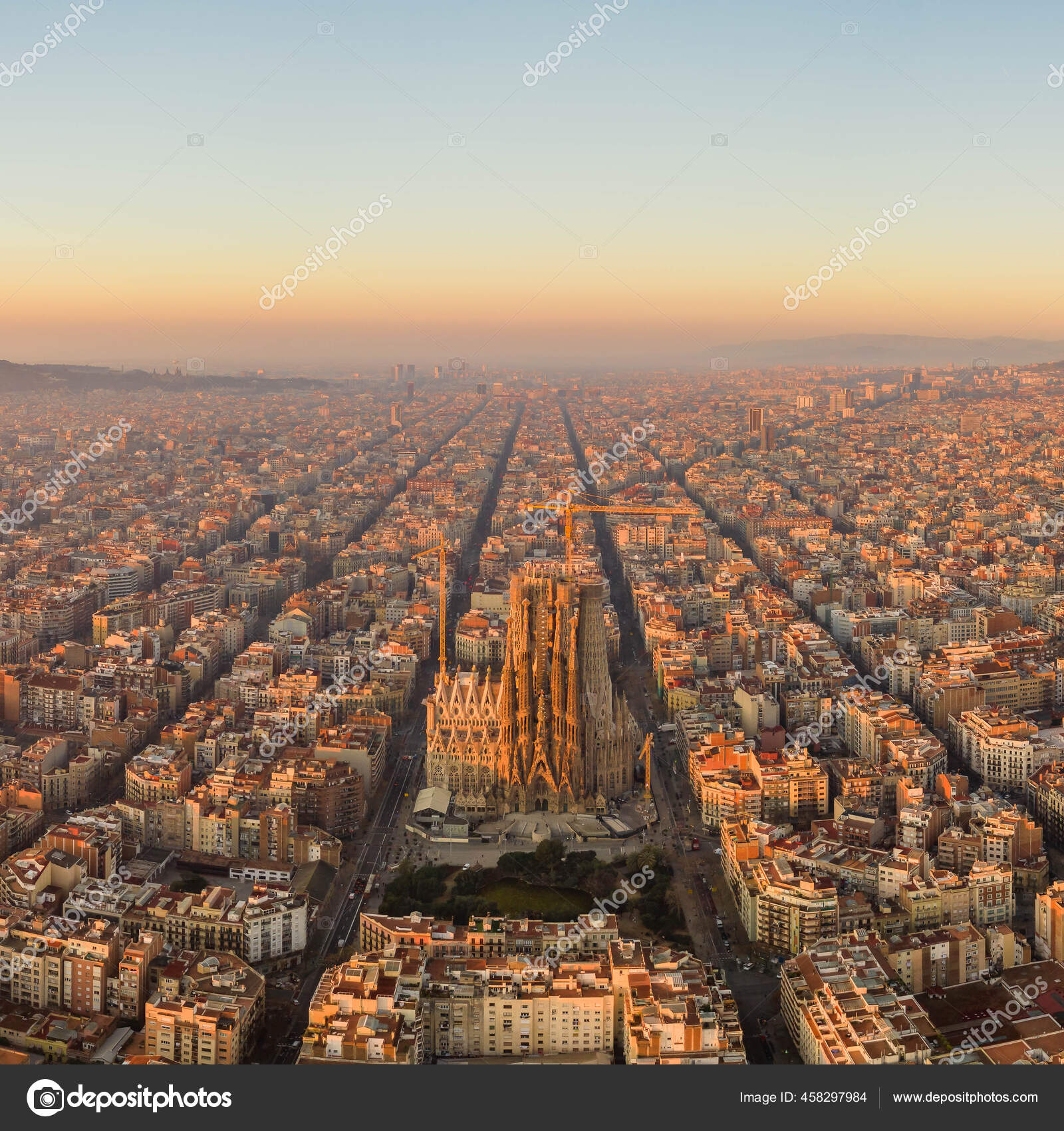 Barcelona, Spain Feb 25, 2020: Aerial drone shot of Barcelona