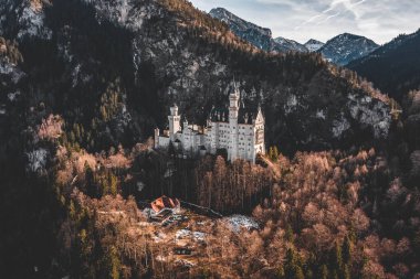 Almanya 'da kış güneşinde karlı tepedeki Neuschwanstein Şatosu' nun insansız hava aracı görüntüleri.