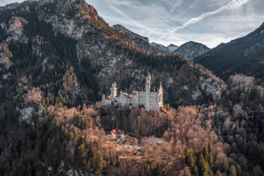 Almanya 'da kış güneşinde karlı tepedeki Neuschwanstein Şatosu' nun insansız hava aracı görüntüleri.
