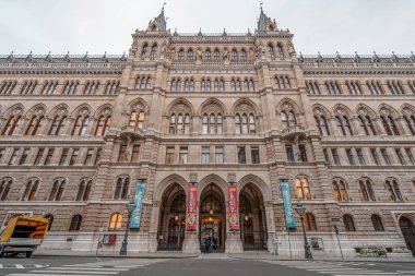 Viyana, Avusturya - 7 Şubat 2020: Belediye binasının ön cephesinin kışın sütunlu manzarası