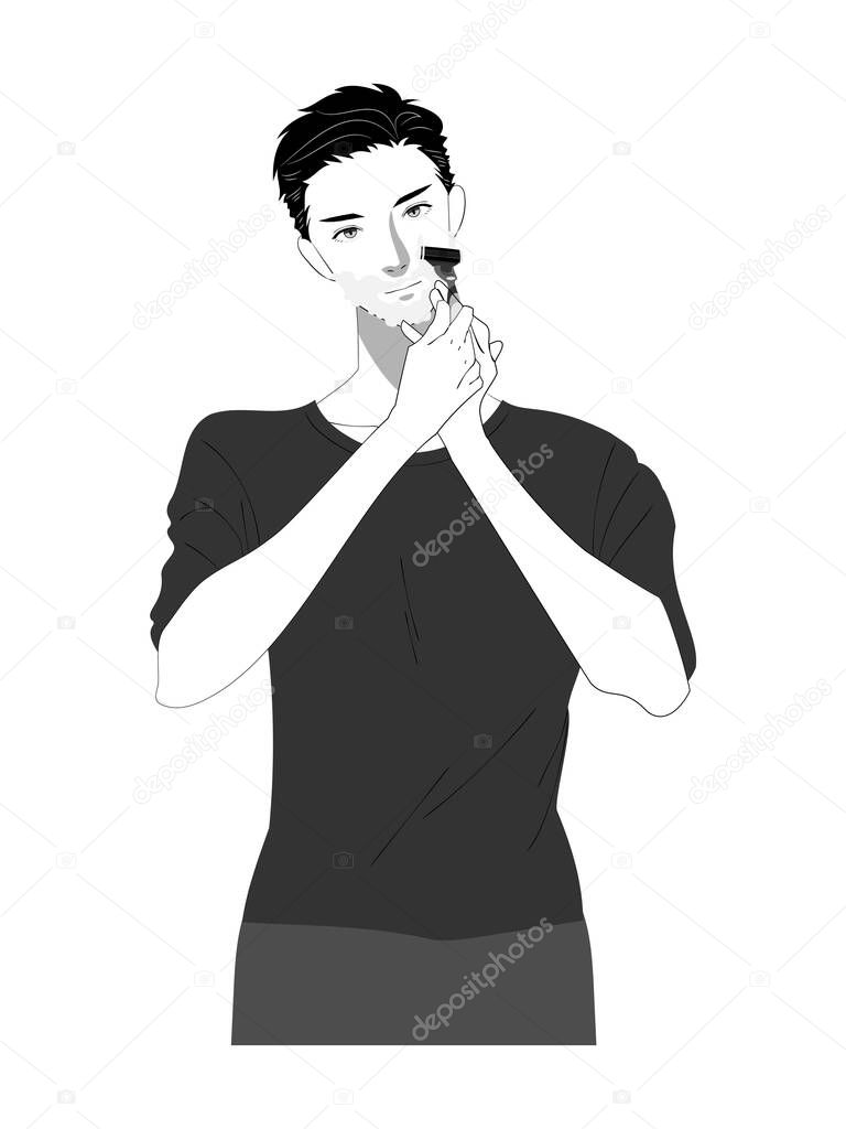 Illustration of the upper body of a young man doing skin care