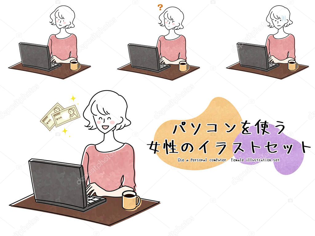 Illustration set of women using a personal computer