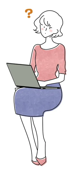 膝の上でコンピュータを操作している女性のイラスト — ストックベクタ