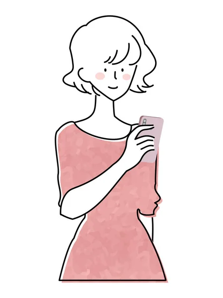 Illustrazione Una Donna Che Utilizza Uno Smartphone — Vettoriale Stock