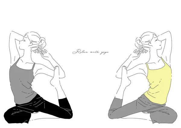 Eenvoudige Lijn Kunst Vrouwelijke Yoga Poseren Illustratie Set — Stockvector