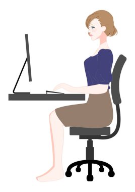 Bilgisayarı düzgün ve güzel bir duruşla kullanan bir kadın tasviri.