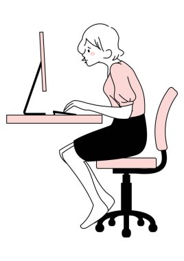 Bir kadının sundurmayla öne eğilmek için bilgisayar kullanması.