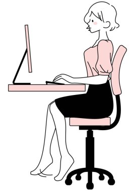 Bacakları sarkık bilgisayar kullanan bir kadın tasviri