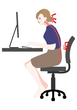Bozuk bir duruşla bilgisayar kullanan bir kadının acı tasviri.