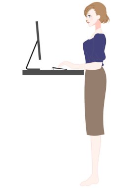 Ayakta duran bir masada çalışan bir kadının tasviri