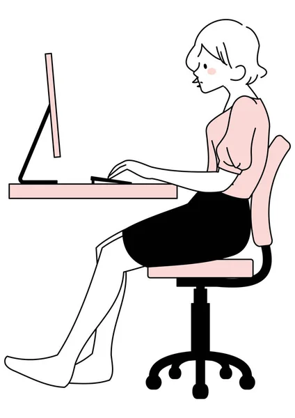 一个女人弯腰驼背地坐着时使用电脑的例子 — 图库矢量图片