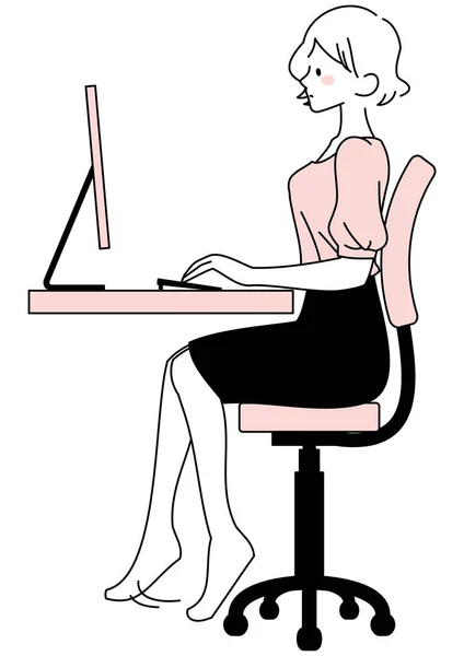 Illustrazione Una Donna Che Usa Computer Con Gambe Penzolanti — Vettoriale Stock
