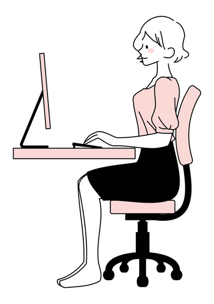 Illustrazione Una Donna Che Utilizza Computer Una Postura Diritta Bella — Vettoriale Stock
