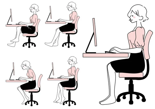 Illustrazione Buone Cattive Posture Delle Donne Lavoratrici — Vettoriale Stock