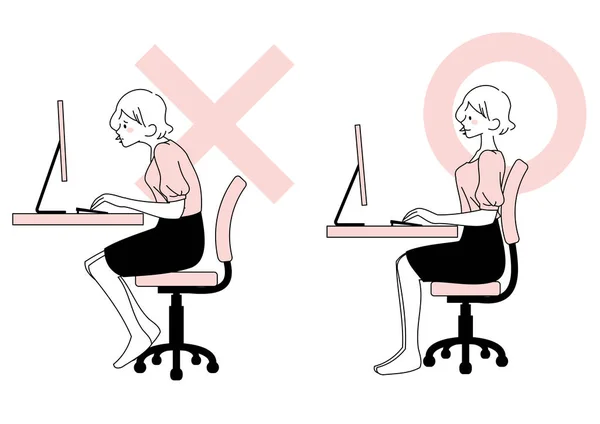 Illustrazione Buone Cattive Posture Delle Donne Lavoratrici — Vettoriale Stock