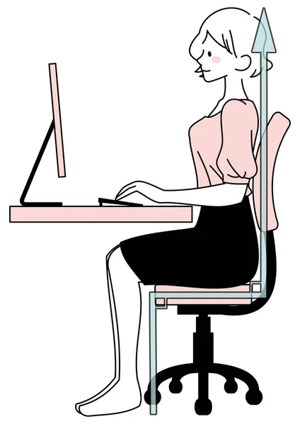 Illustrazione Una Donna Che Colpisce Computer Con Una Buona Postura — Vettoriale Stock